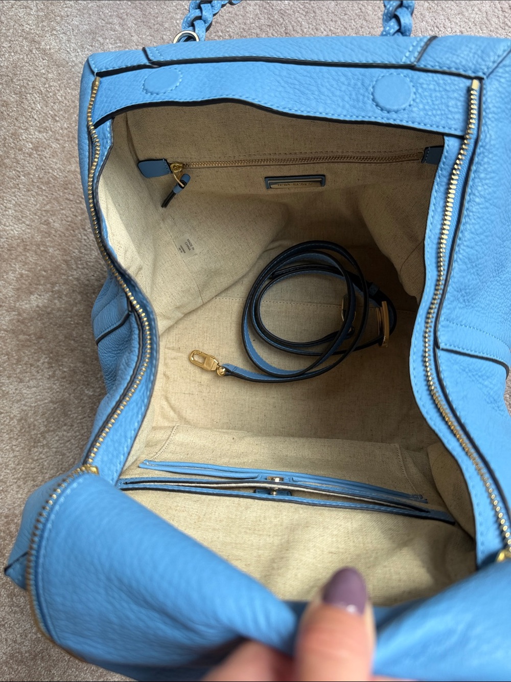 Tory Burch Half Moon LG Blue Braided-Handle Shoulder Bag Detachable Strap - Picture 11 of 16